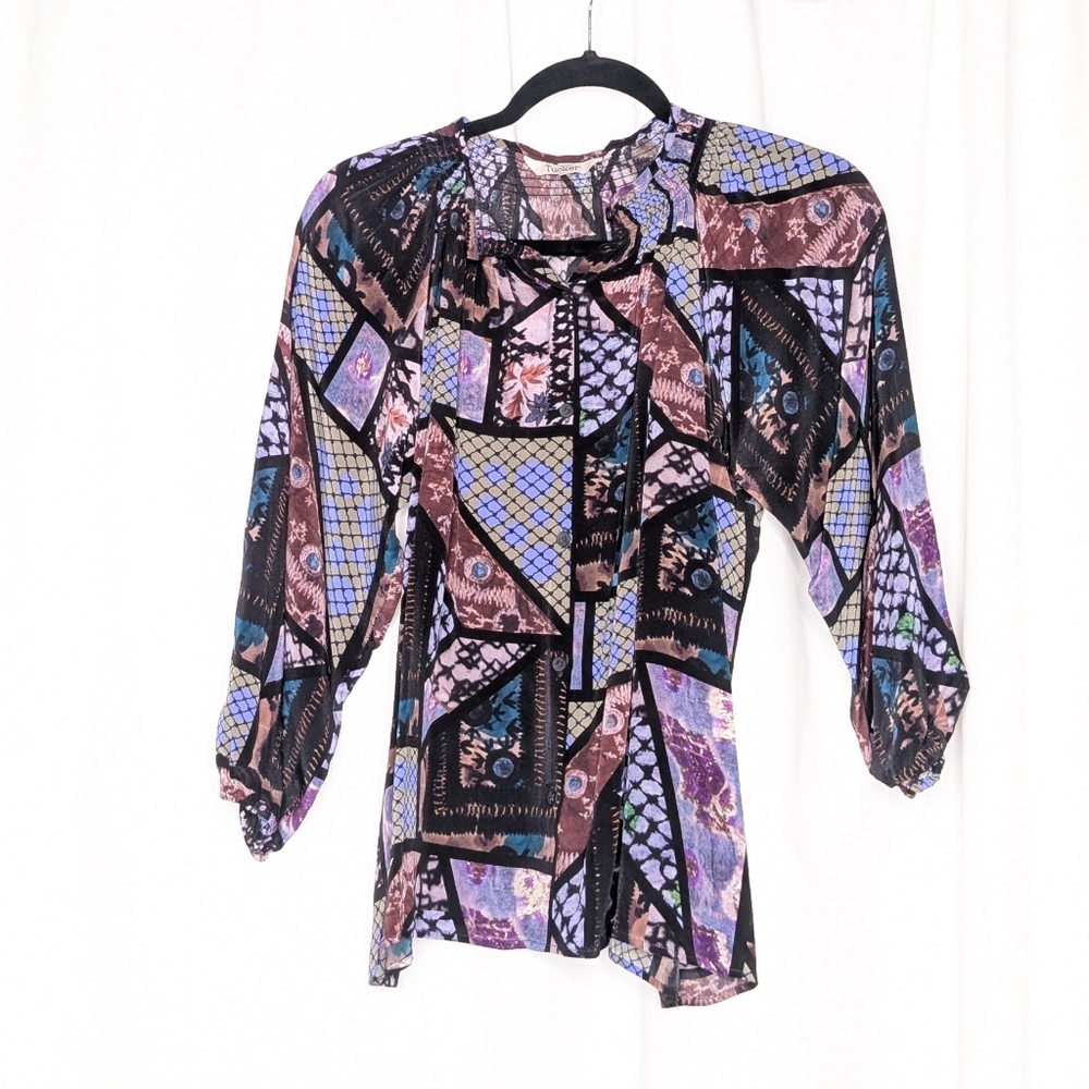 Tucker The Classic Blouse Retro Patchwork Print Silk Crepe De Chine Relaxed NWOT